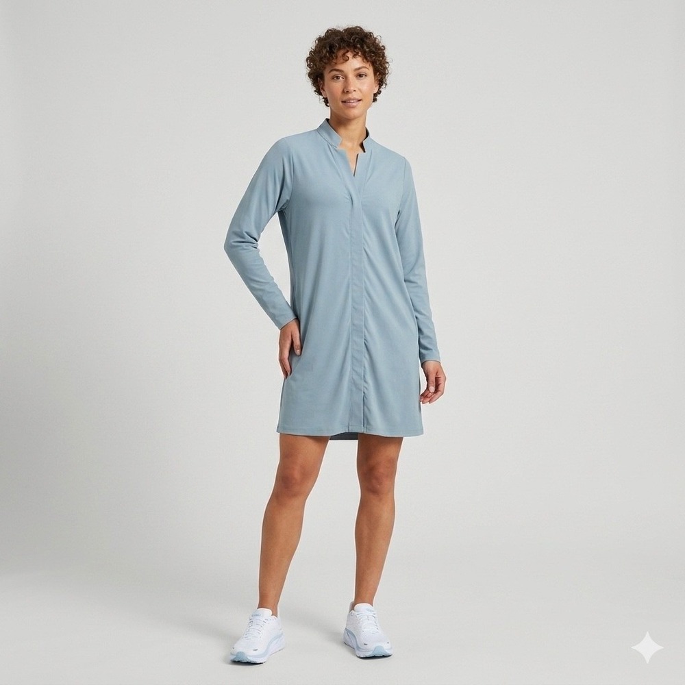 ADAY Something Borrowed Dress Blue Long Sleeve Mandarin Collar Pockets Large